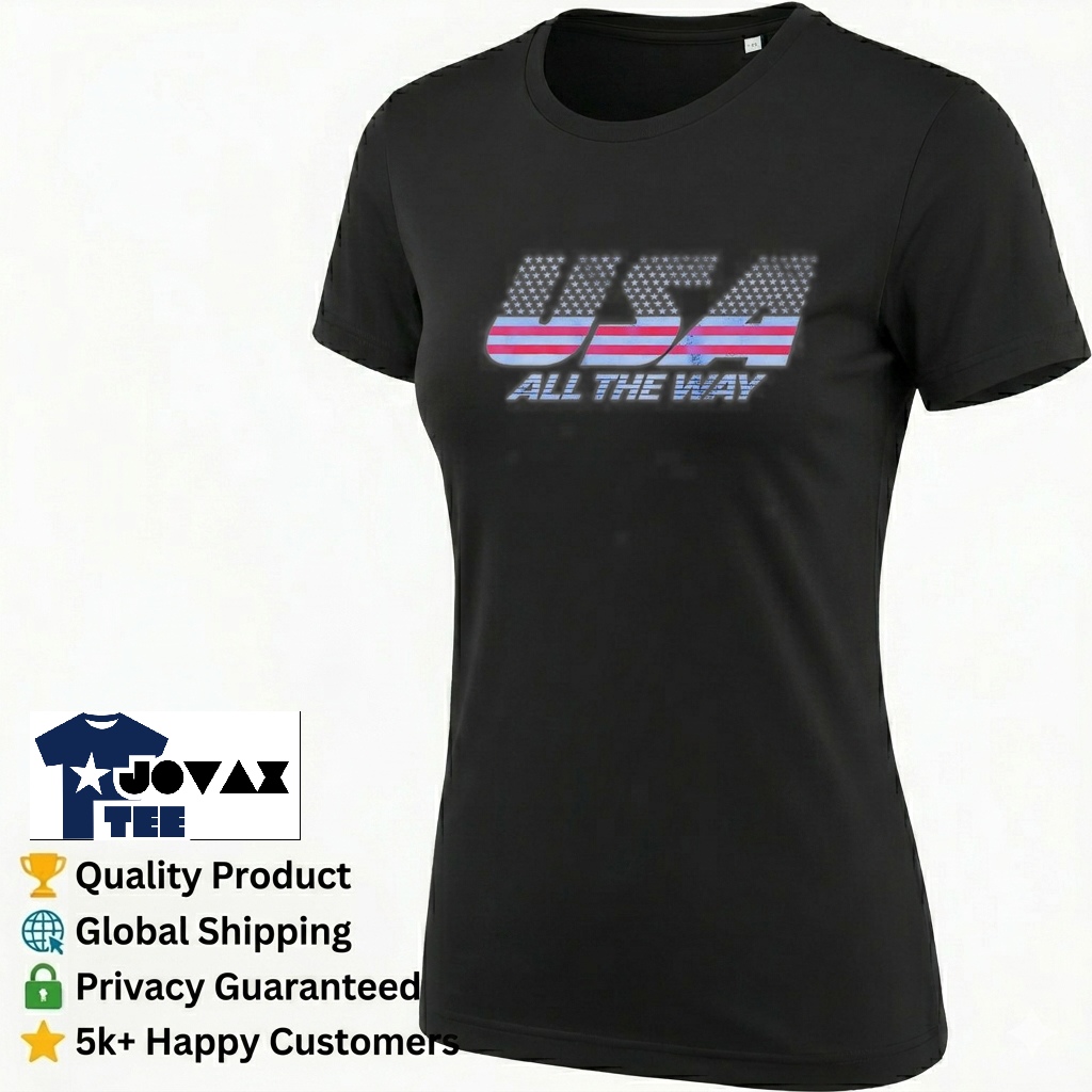 America all the way women's t-shirt mockup, showcasing the flag USA design on a comfortable white tee.
