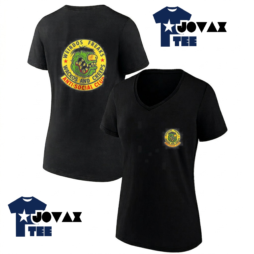 Anti Social Club weirdos T Shirt for women featuring a v-neck design in a classic studio mockup.