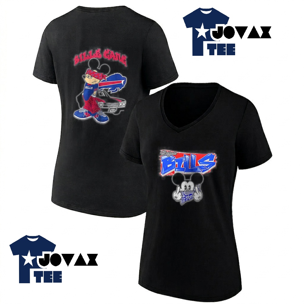 A joyful couple displays matching Buffalo Bills x Gangsta T-shirts, showcasing the design for both male and female fans.