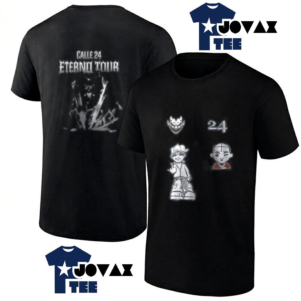 Calle 24 Eterno tour men's t-shirt presented in a classic front and back view, highlighting the full art design.
