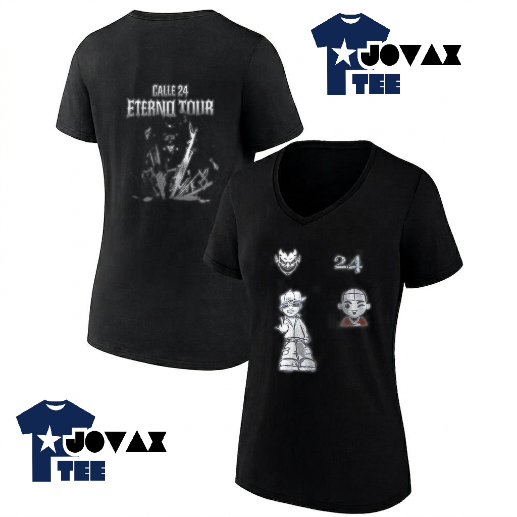 Calle 24 Eterno tour women's v-neck shirt mockup, ideal for showcasing its stylish fit and concert art.