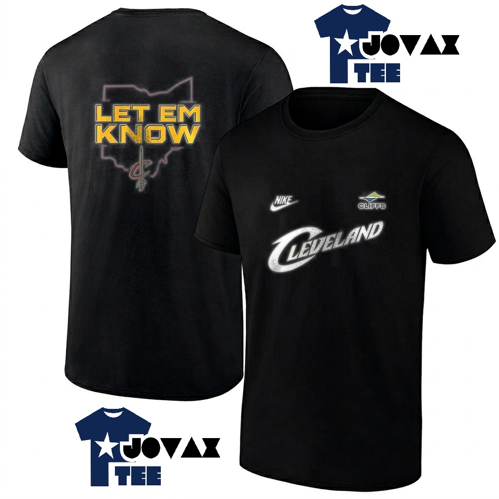 Cleveland Cavaliers let em t-shirt displayed in a classic men's style, showing both the front and back designs.