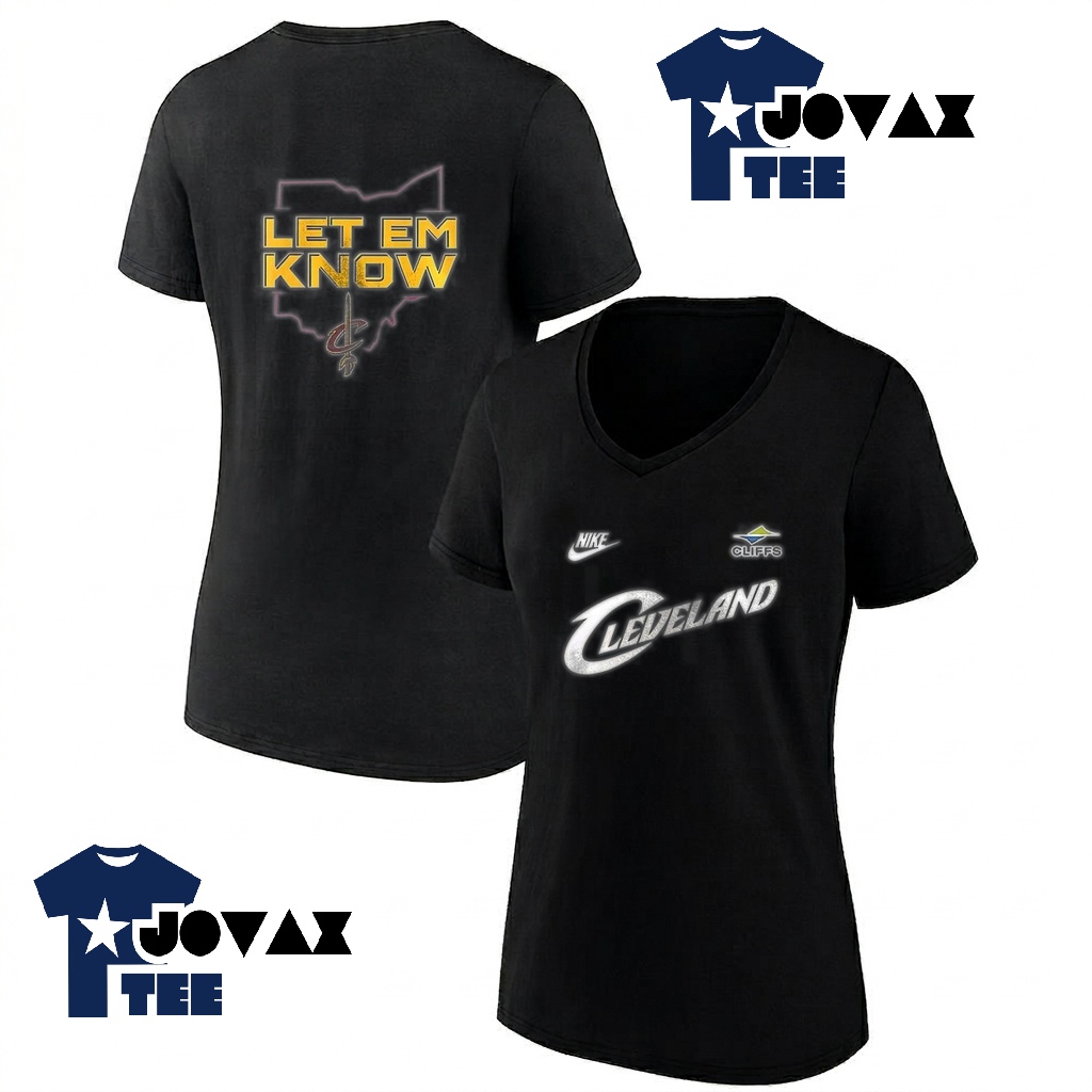 A Cleveland Cavaliers let em t-shirt is presented on a classic women's V-neck style, perfect for female fans.
