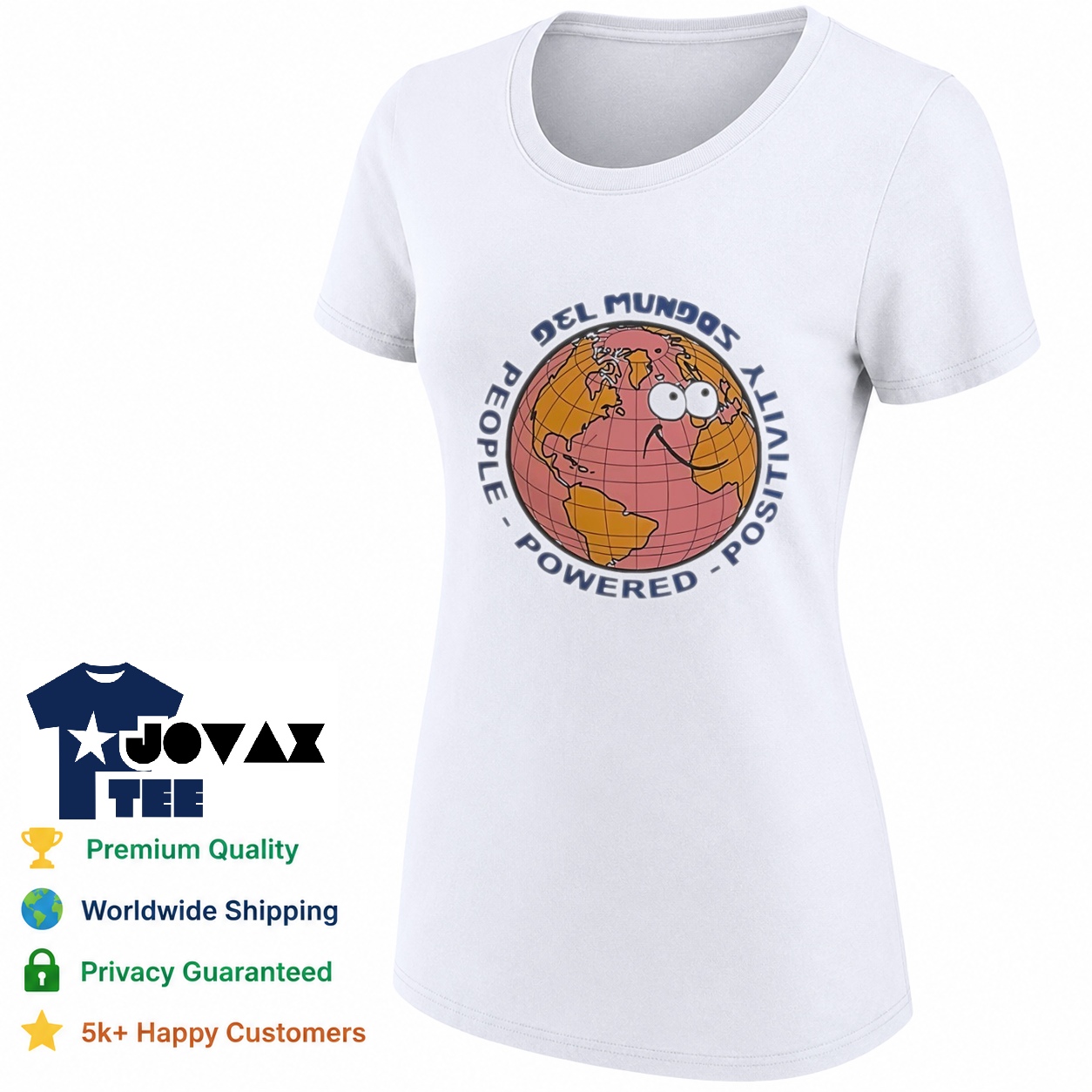 Earth People Powered Positivity T Shirt design shown on a classic women's cut tee worn by a model.