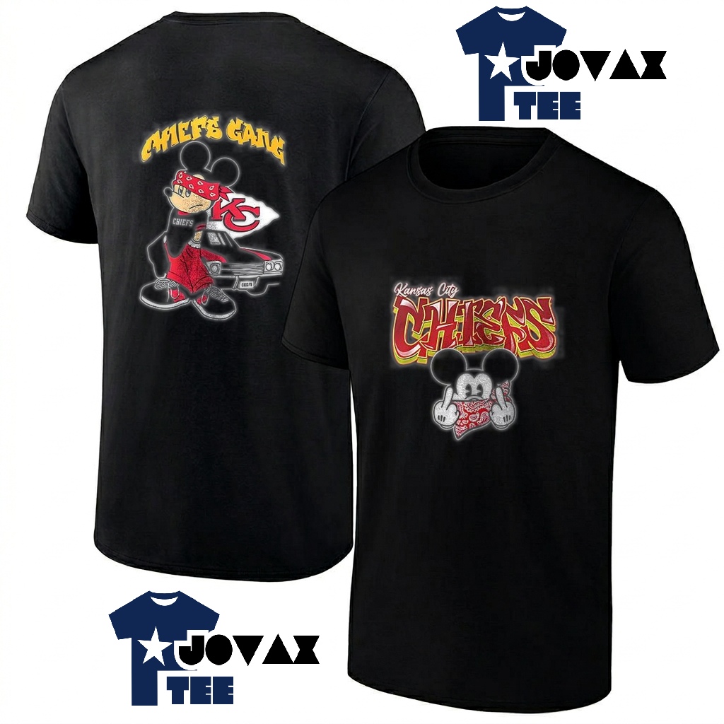 Kansas City Chiefs x t-shirt showcasing a unique graphic on a classic black men's t-shirt presented from both sides.