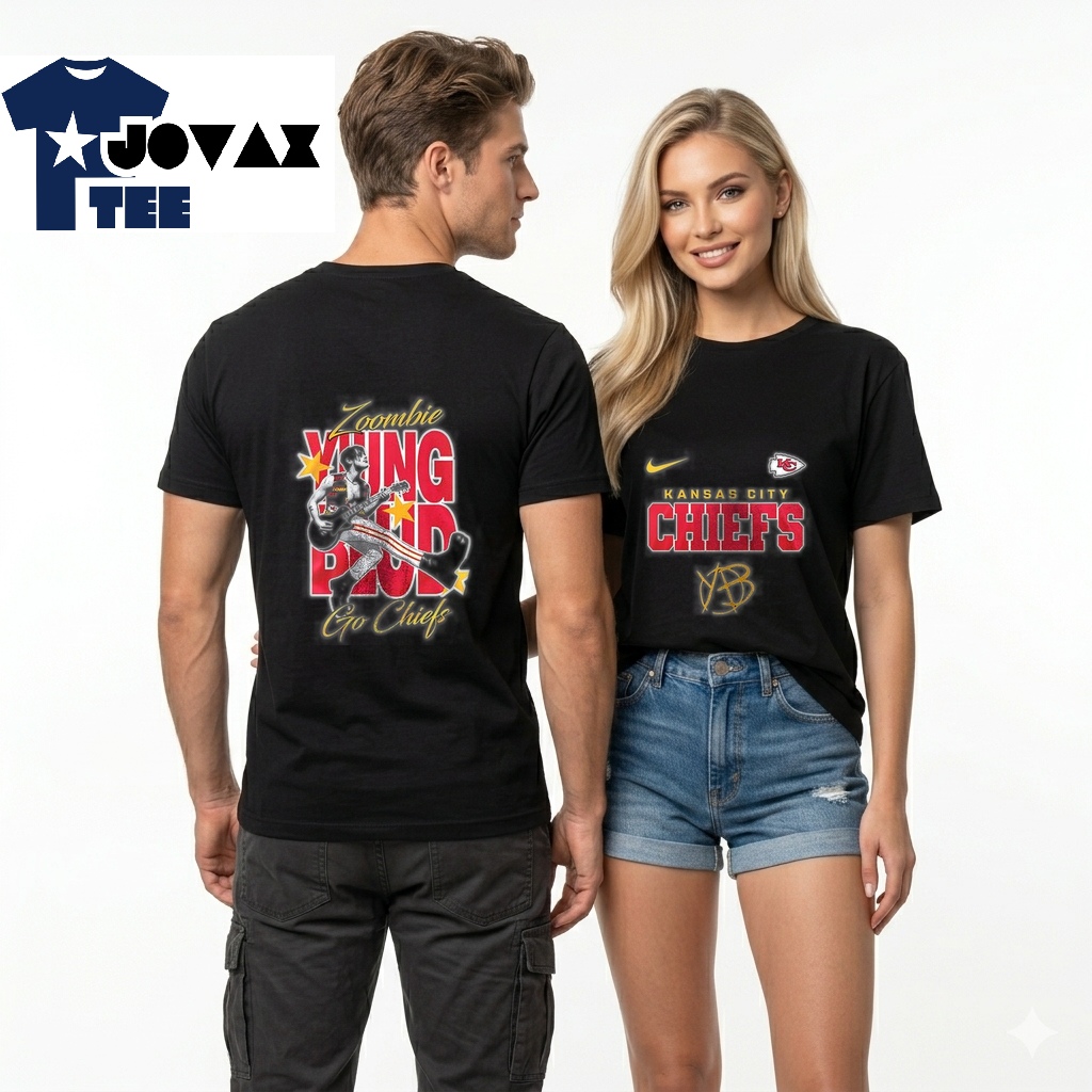 Kansas City Chiefs x T Shirt featuring the Zoombie graphic presented on two matching shirts worn by a couple.