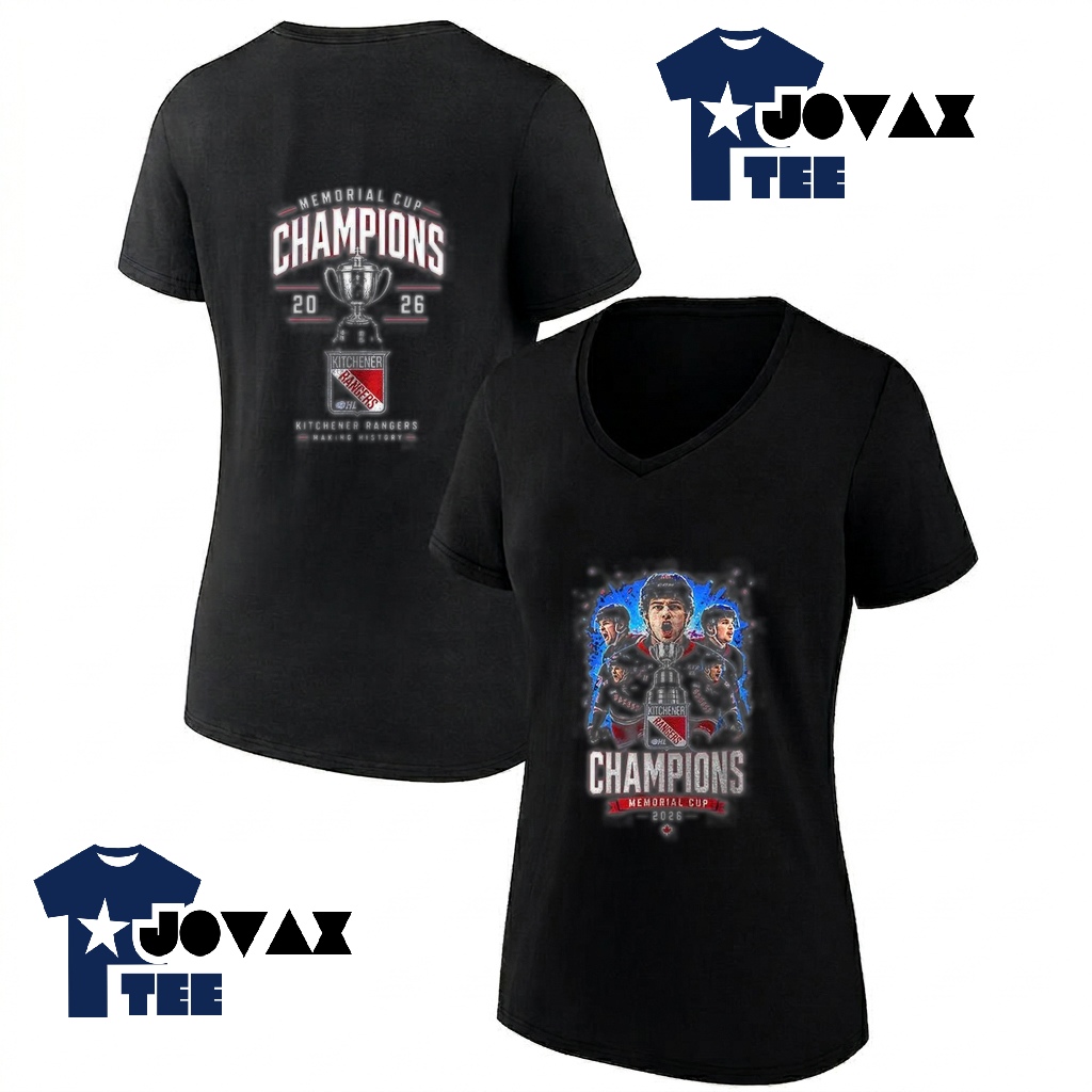 A Classic Vneck Women Shirt showcasing the Kitchener Rangers memorial cup design on the front, perfect for female fans.