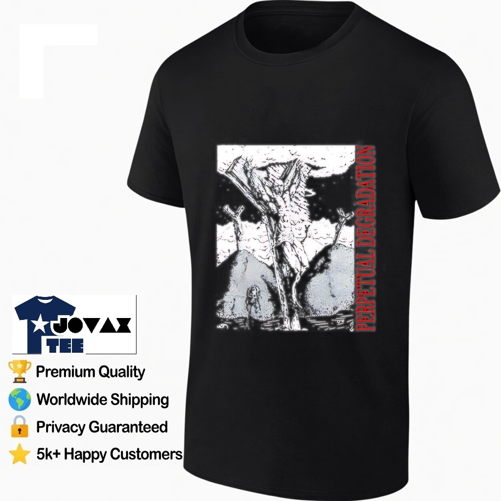 Monster crucifixion skull mountains t-shirt shown on a classic men's shirt mockup, highlighting the design on the front.