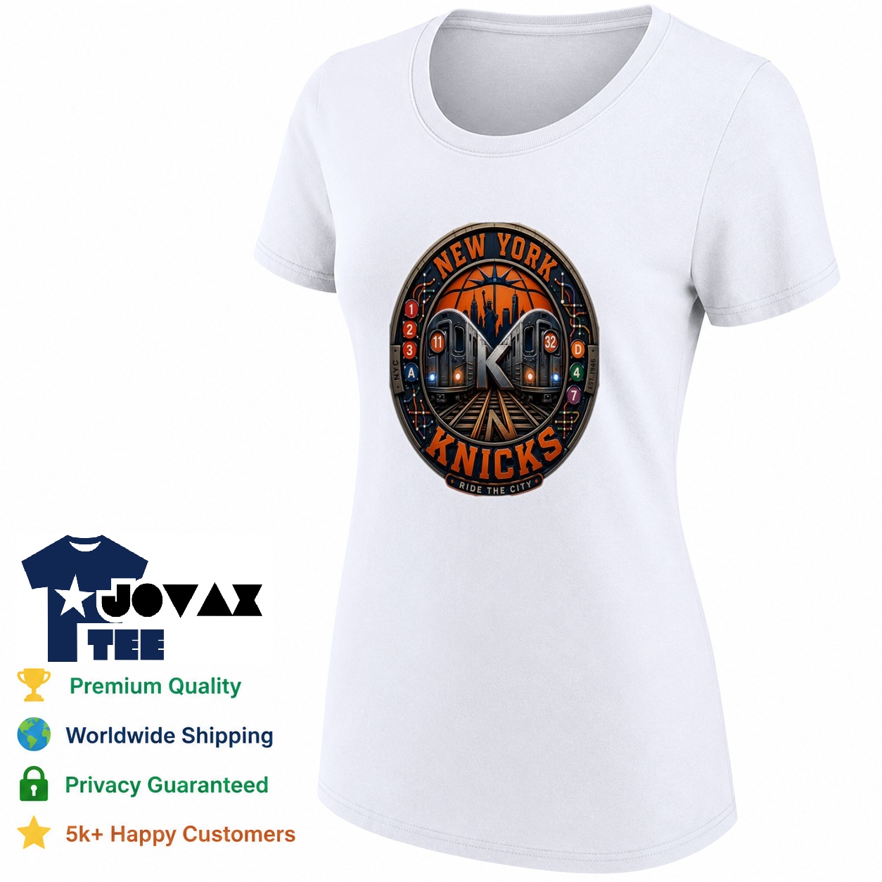 A fitted women's t-shirt mockup presenting the New York Knicks Ride the City Subway graphic design.
