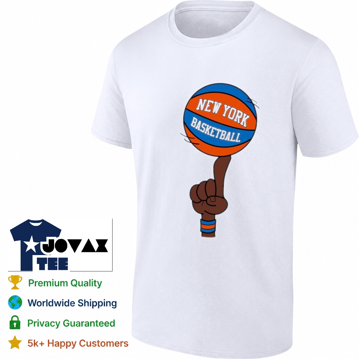 New York Knicks team t-shirt shown on a classic black short-sleeve tee mockup, perfect for everyday fan wear.
