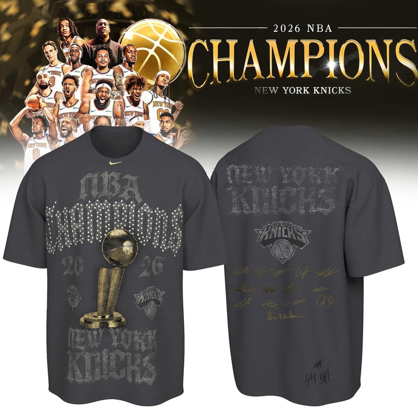 NY Knicks 2026 Finals Champions Limited Edition Locker Room Tshirt displayed flat, showcasing its unique front graphic.