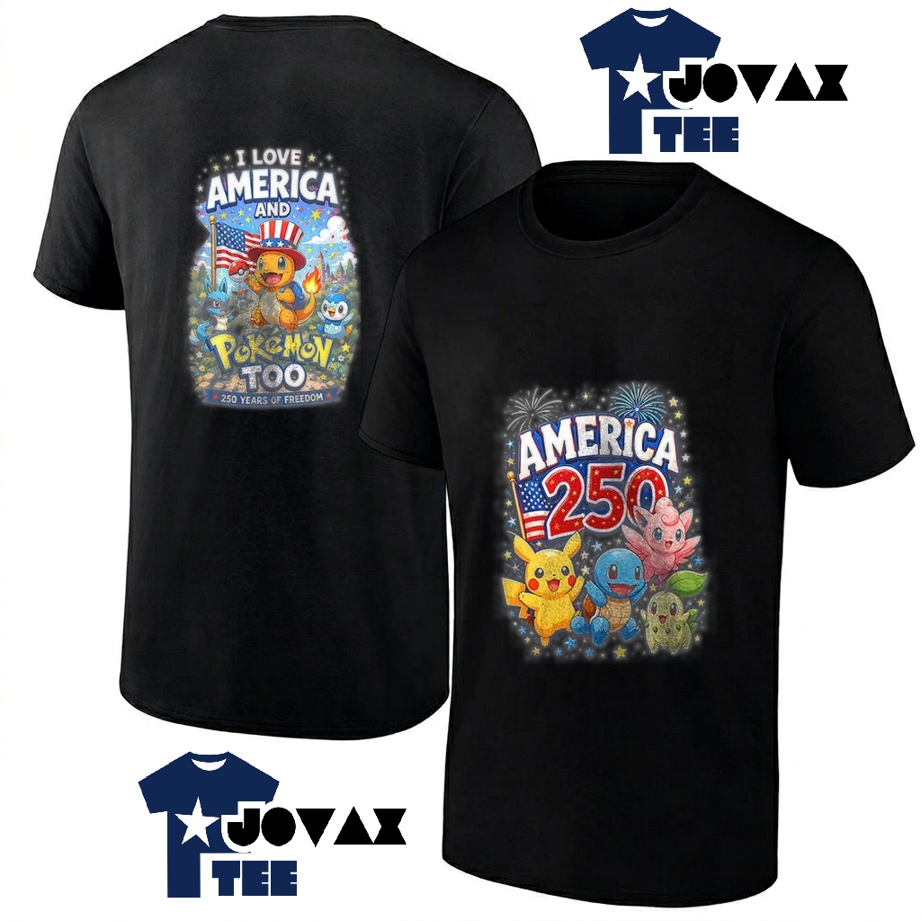 Pokemon I love America T Shirt featuring a classic men's cut with a graphic printed on both the front and back.