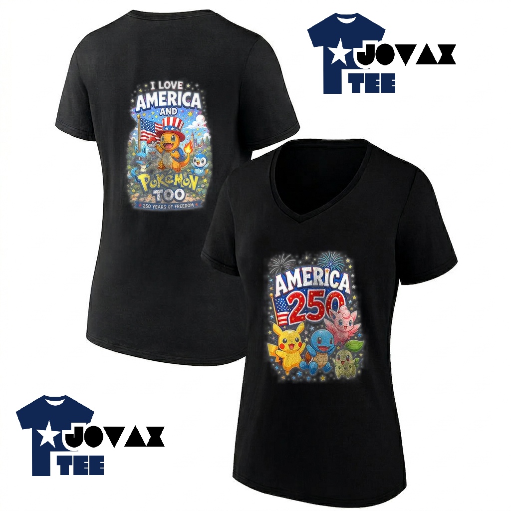 Pokemon I love America T Shirt presented on a classic women's V-neck top, perfect for a feminine fit.