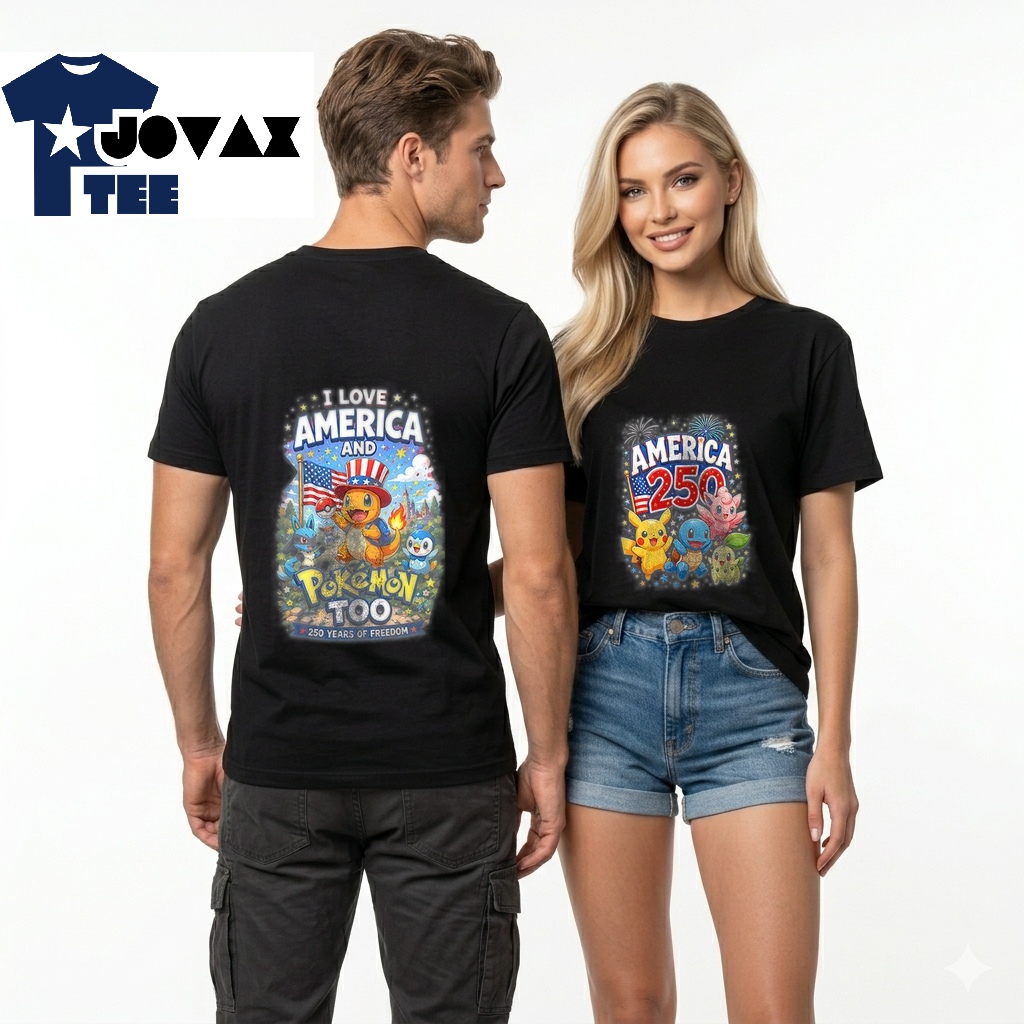 Pokemon I love America T Shirt presented in a couple's mockup, showcasing matching designs for him and her.