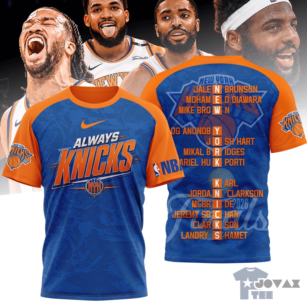 New York Knicks 3D All-Over Print T-Shirt featuring Always Knicks design and players name crossword graphic