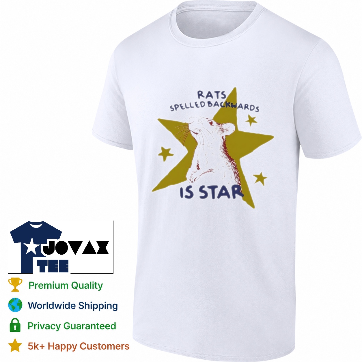 Rats spelled backwards is star rodent artistic minimalist t-shirt showcased on a classic unisex tee mockup.