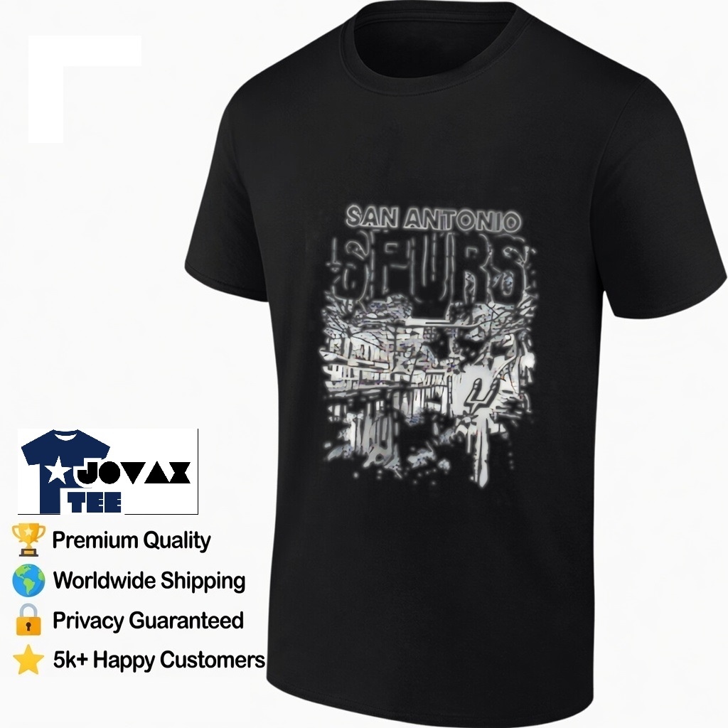 San Antonio Spurs city T-shirt worn by a man in a classic black t-shirt mockup, showcasing the riverwalk design.