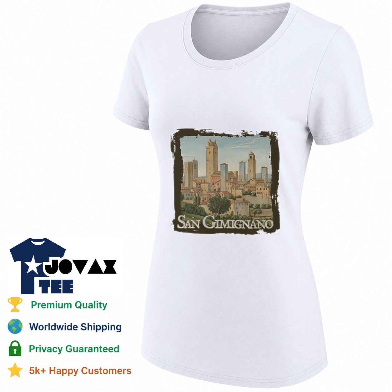 San Gimignano Tuscan Townscape classic women's tee mockup, styled for a feminine fit, showcasing the Italian design.