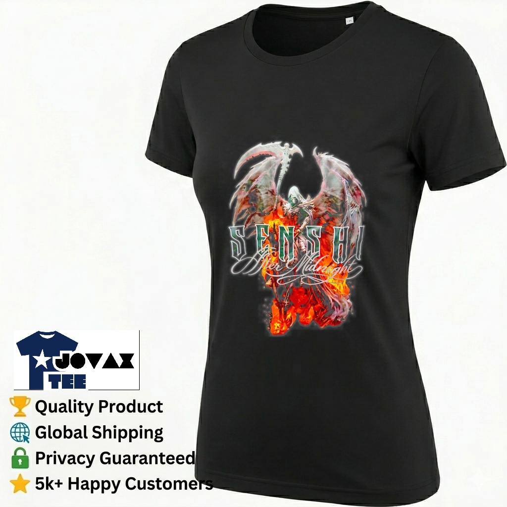 Senshi after midnight grim t-shirt design featuring a grim reaper graphic on a classic women's shirt.