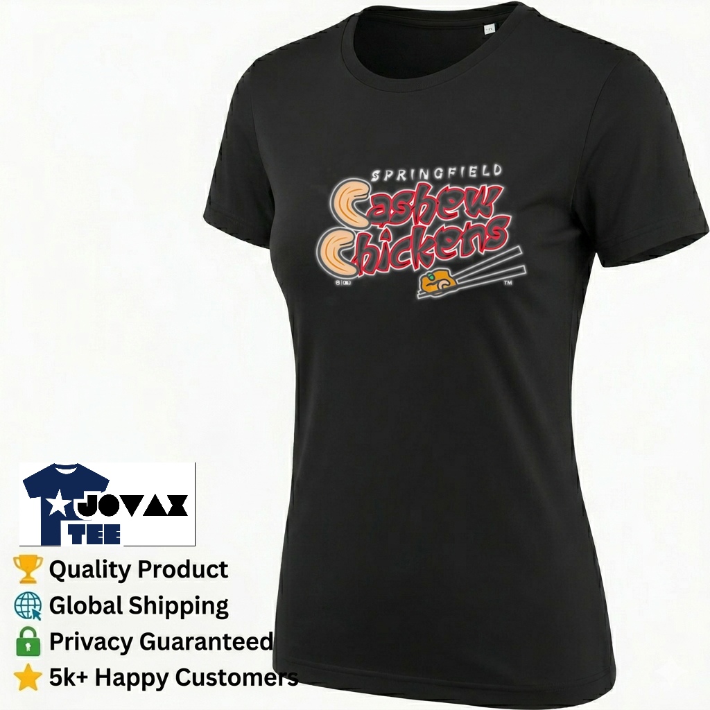 Springfield Cashew Chickens Baseball t-shirt mockup modeled with the graphic on a classic women's white tee.