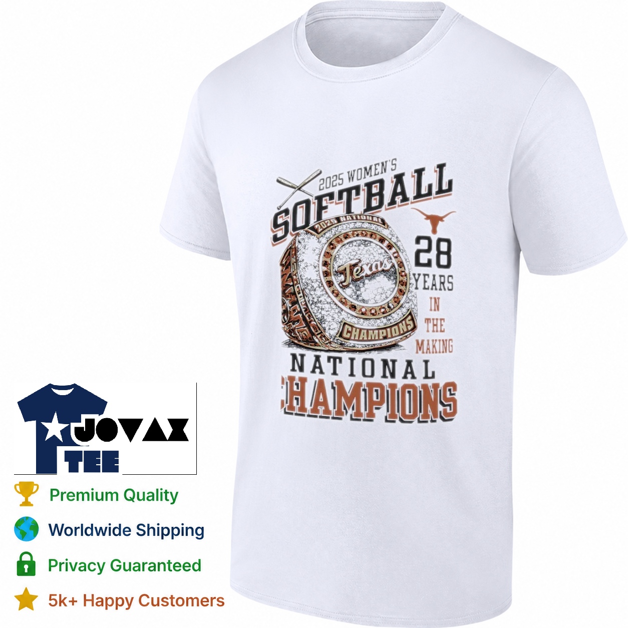 Texas Longhorns 2025 Softball t-shirt mockup featuring the championship design on a classic white tee, ready to celebrate a h