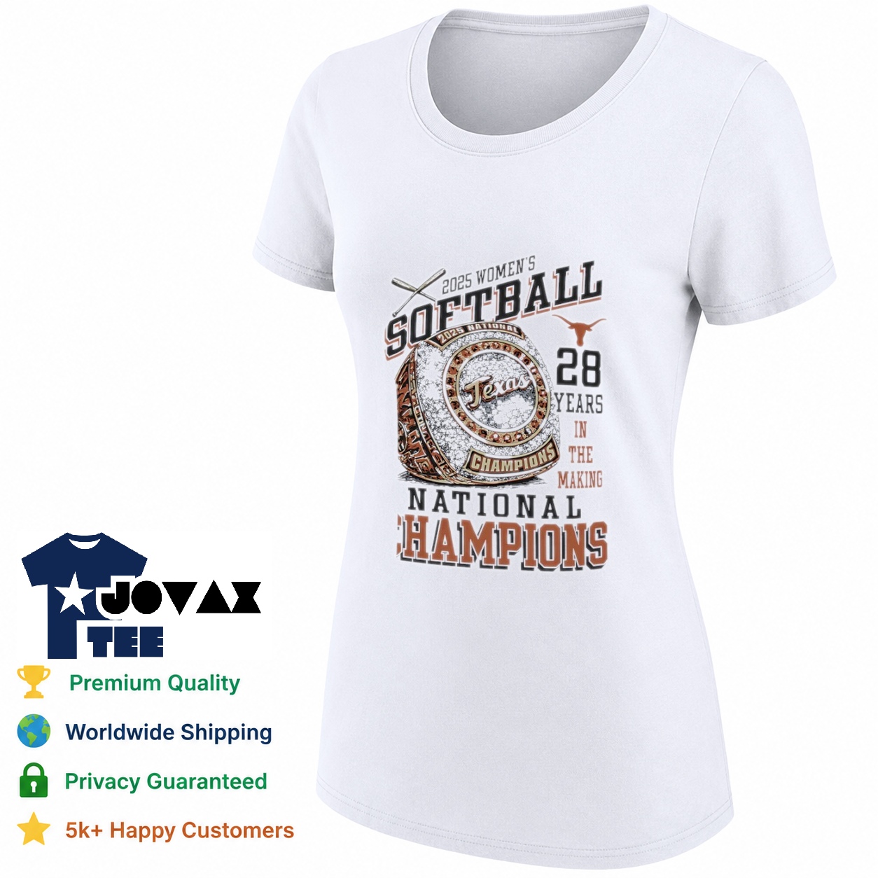 Texas Longhorns 2025 Softball women's tee mockup with the national champions design on a fitted burnt orange shirt.